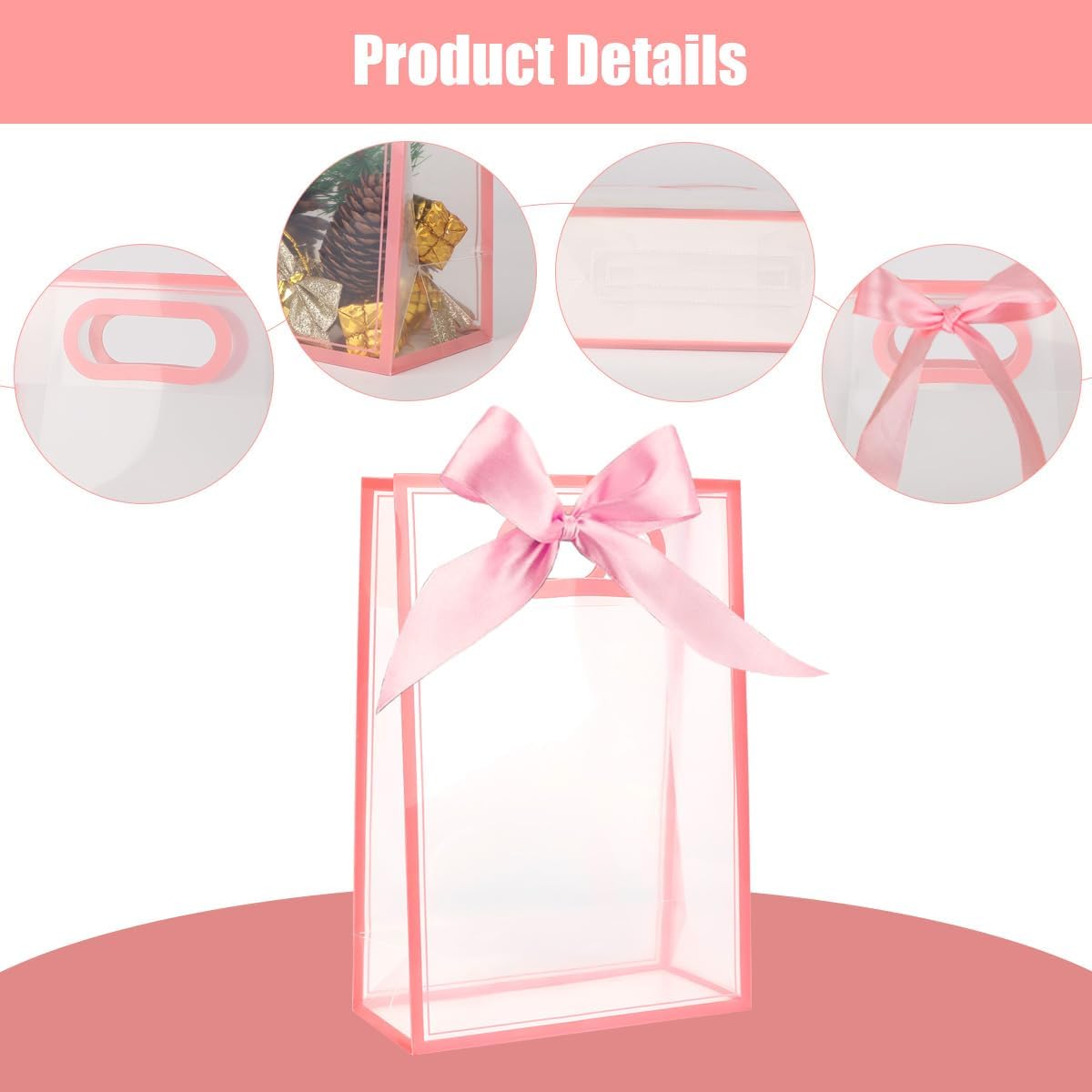 Clear Gift Bags with Handle, 8 PCS PVC Gift Bag with Ribbon Bow for Christmas Easter Wedding Baby Shower Birthday Party(Pink)