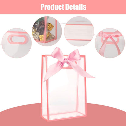 Clear Gift Bags with Handle, 8 PCS PVC Gift Bag with Ribbon Bow for Christmas Easter Wedding Baby Shower Birthday Party(Pink)