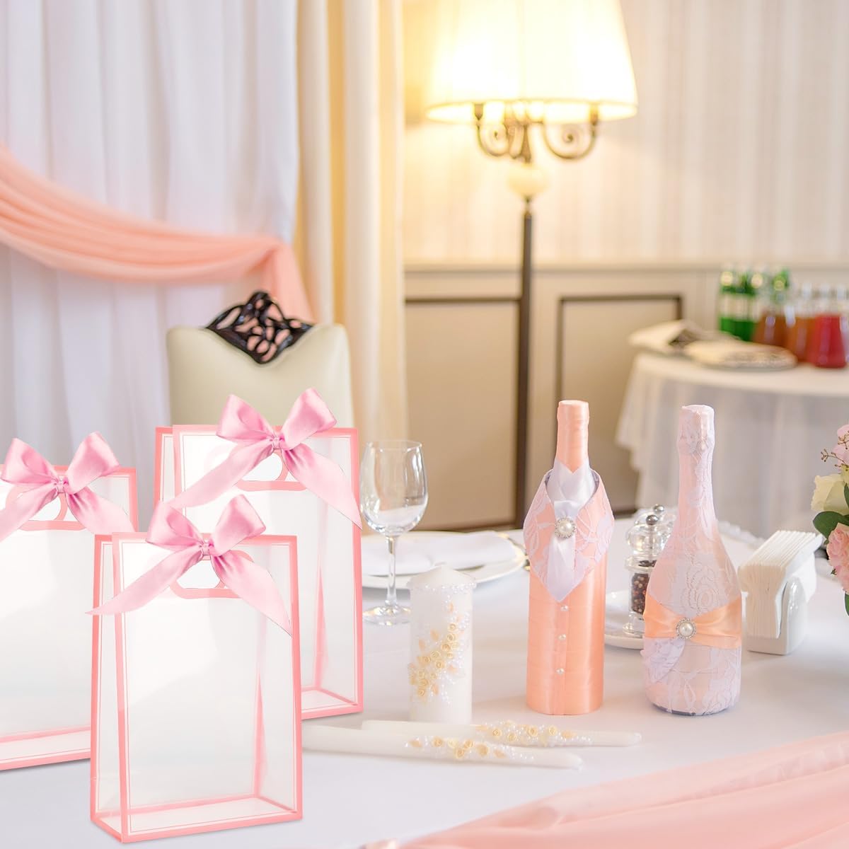 Clear Gift Bags with Handle, 8 PCS PVC Gift Bag with Ribbon Bow for Christmas Easter Wedding Baby Shower Birthday Party(Pink)
