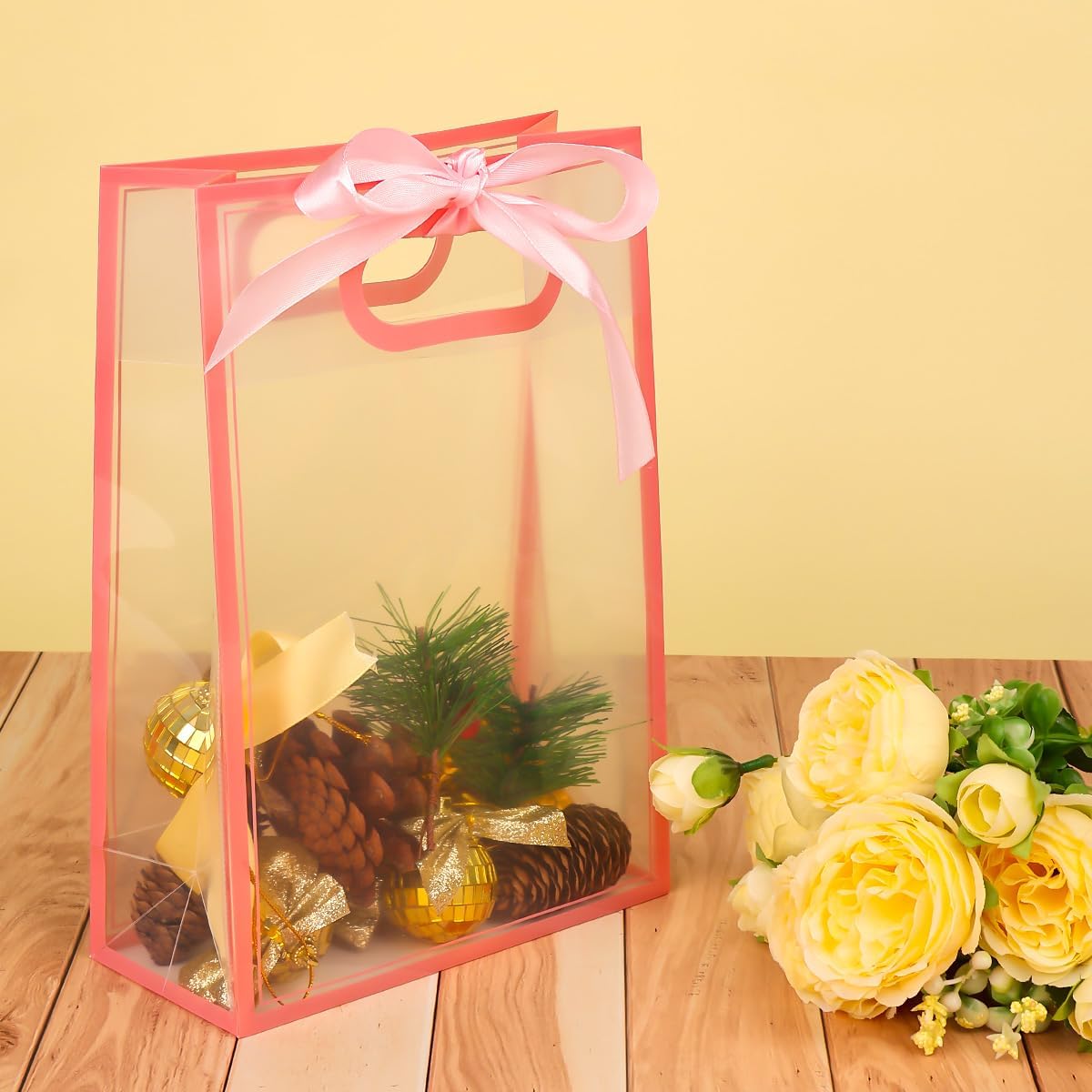 Clear Gift Bags with Handle, 8 PCS PVC Gift Bag with Ribbon Bow for Christmas Easter Wedding Baby Shower Birthday Party(Pink)