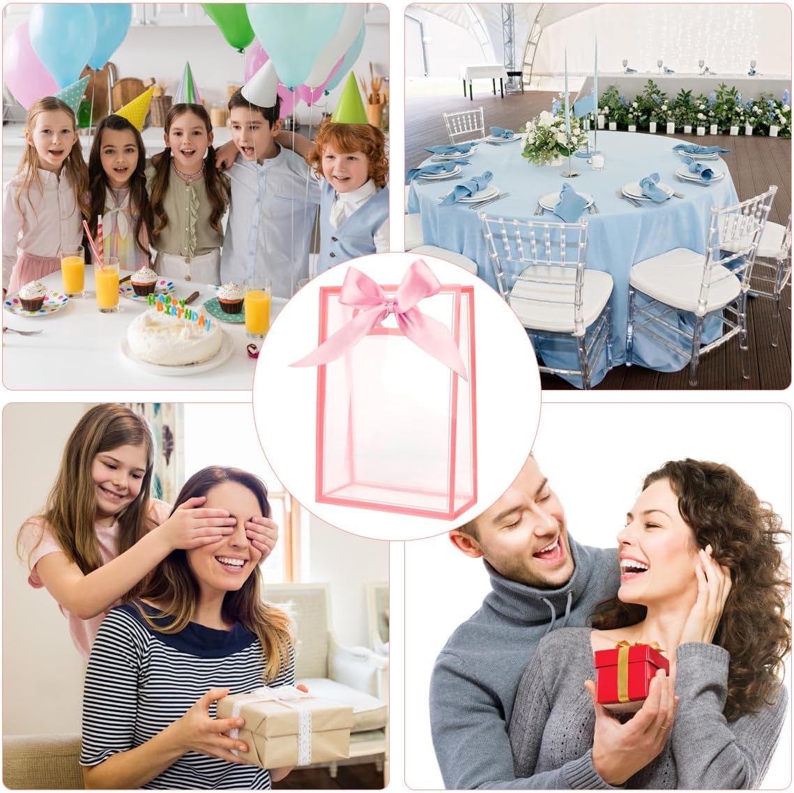 Clear Gift Bags with Handle, 8 PCS PVC Gift Bag with Ribbon Bow for Christmas Easter Wedding Baby Shower Birthday Party(Pink)