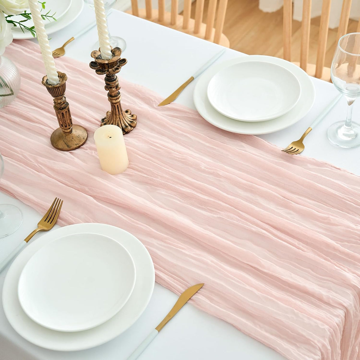 6Pcs Cheesecloth Table Runner 10FT 21.6 x 120 Inch Boho Rustic Gauze Table Runners for Wedding Birthday Baby Shower Summer Garden Party Home Decor(Dusty Pink)