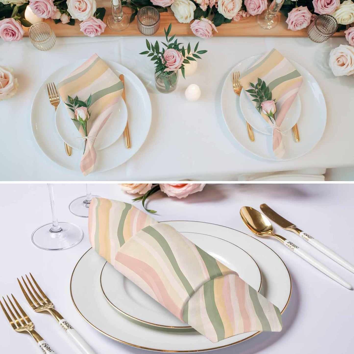 4pcs Cloth Napkins,Light Green Pink Stripes Reusable Dinner Napkin Washable Soft Kitchen Napkins,Low Saturation Colorful Pattern Absorbent Cloth Napkin for Holiday Party Wedding