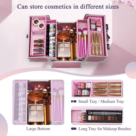 Makeup Case Makeup Box Cosmetic Organizer Case Portable Make Up Artist Travel Case Storage Box 4 Trays with Dividers Lockable Hard Train Case Nail Tech Supply Storage Mermaid Pink