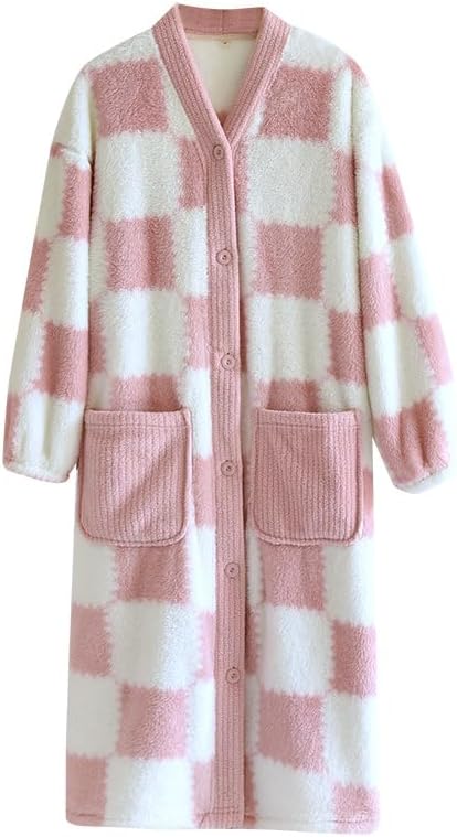Womens Long Fleece Robe Checkered Bathrobe with Pockets Soft Sleepwear Fluffy Plush Bathrobe