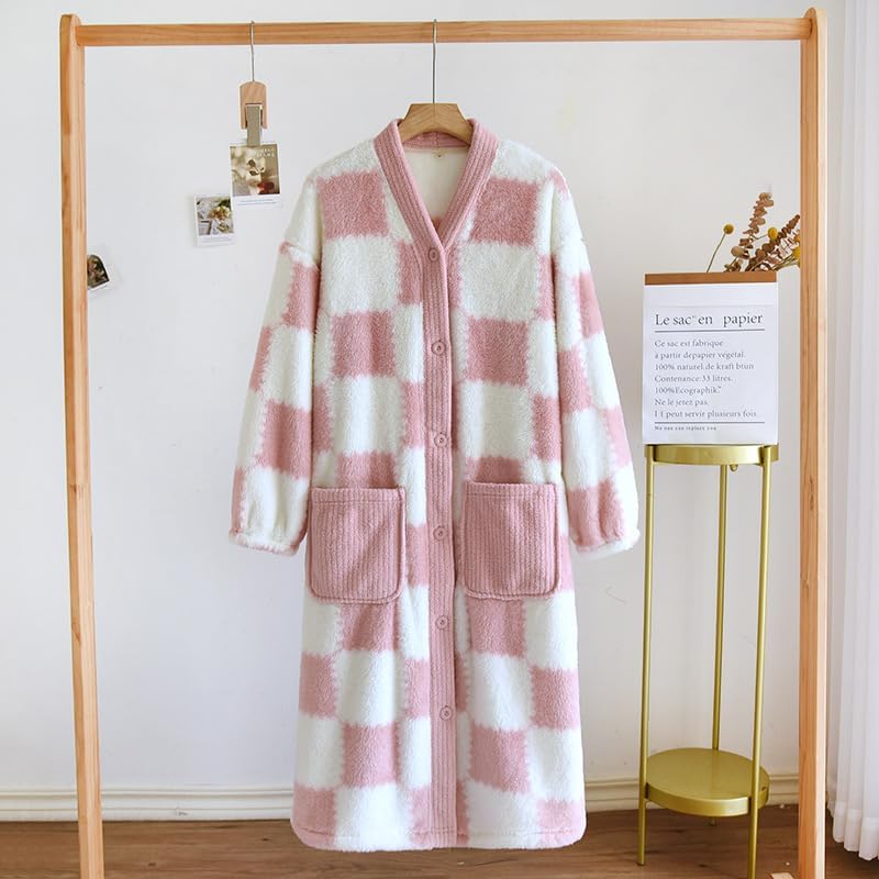 Womens Long Fleece Robe Checkered Bathrobe with Pockets Soft Sleepwear Fluffy Plush Bathrobe