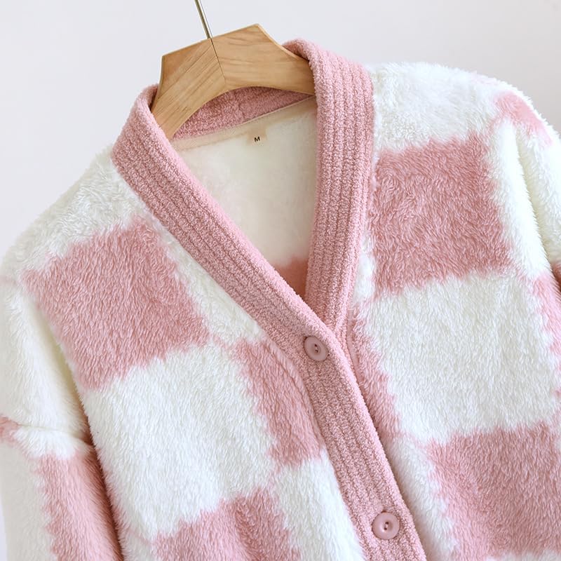 Womens Long Fleece Robe Checkered Bathrobe with Pockets Soft Sleepwear Fluffy Plush Bathrobe