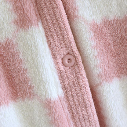 Womens Long Fleece Robe Checkered Bathrobe with Pockets Soft Sleepwear Fluffy Plush Bathrobe