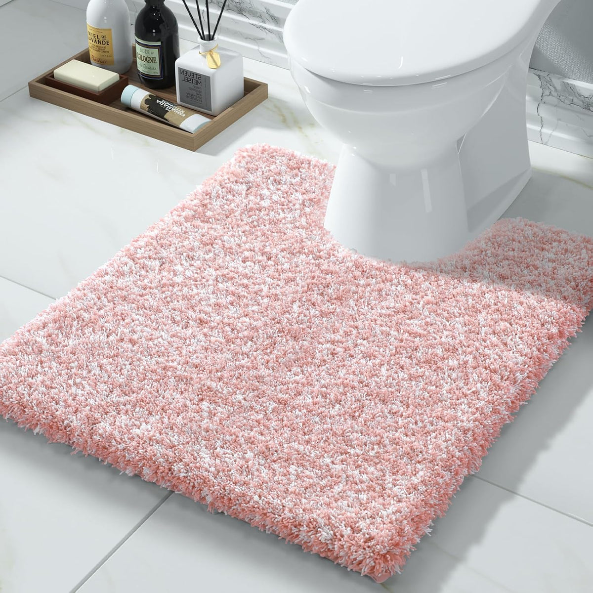Toilet Rugs U Shaped Washable 24X20, Ultra Soft and Water Absorbent Bath Mats, Non Slip Fluffy Shaggy Luxury Microfiber Contour Bath Rugs for Toilet, Dry Quick, Light Pink and White