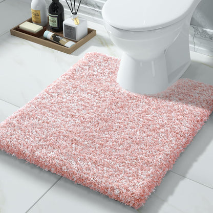 Toilet Rugs U Shaped Washable 24X20, Ultra Soft and Water Absorbent Bath Mats, Non Slip Fluffy Shaggy Luxury Microfiber Contour Bath Rugs for Toilet, Dry Quick, Light Pink and White