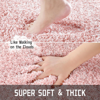 Toilet Rugs U Shaped Washable 24X20, Ultra Soft and Water Absorbent Bath Mats, Non Slip Fluffy Shaggy Luxury Microfiber Contour Bath Rugs for Toilet, Dry Quick, Light Pink and White