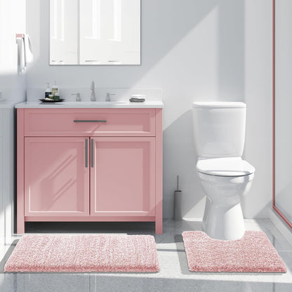 Toilet Rugs U Shaped Washable 24X20, Ultra Soft and Water Absorbent Bath Mats, Non Slip Fluffy Shaggy Luxury Microfiber Contour Bath Rugs for Toilet, Dry Quick, Light Pink and White