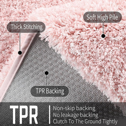 Toilet Rugs U Shaped Washable 24X20, Ultra Soft and Water Absorbent Bath Mats, Non Slip Fluffy Shaggy Luxury Microfiber Contour Bath Rugs for Toilet, Dry Quick, Light Pink and White