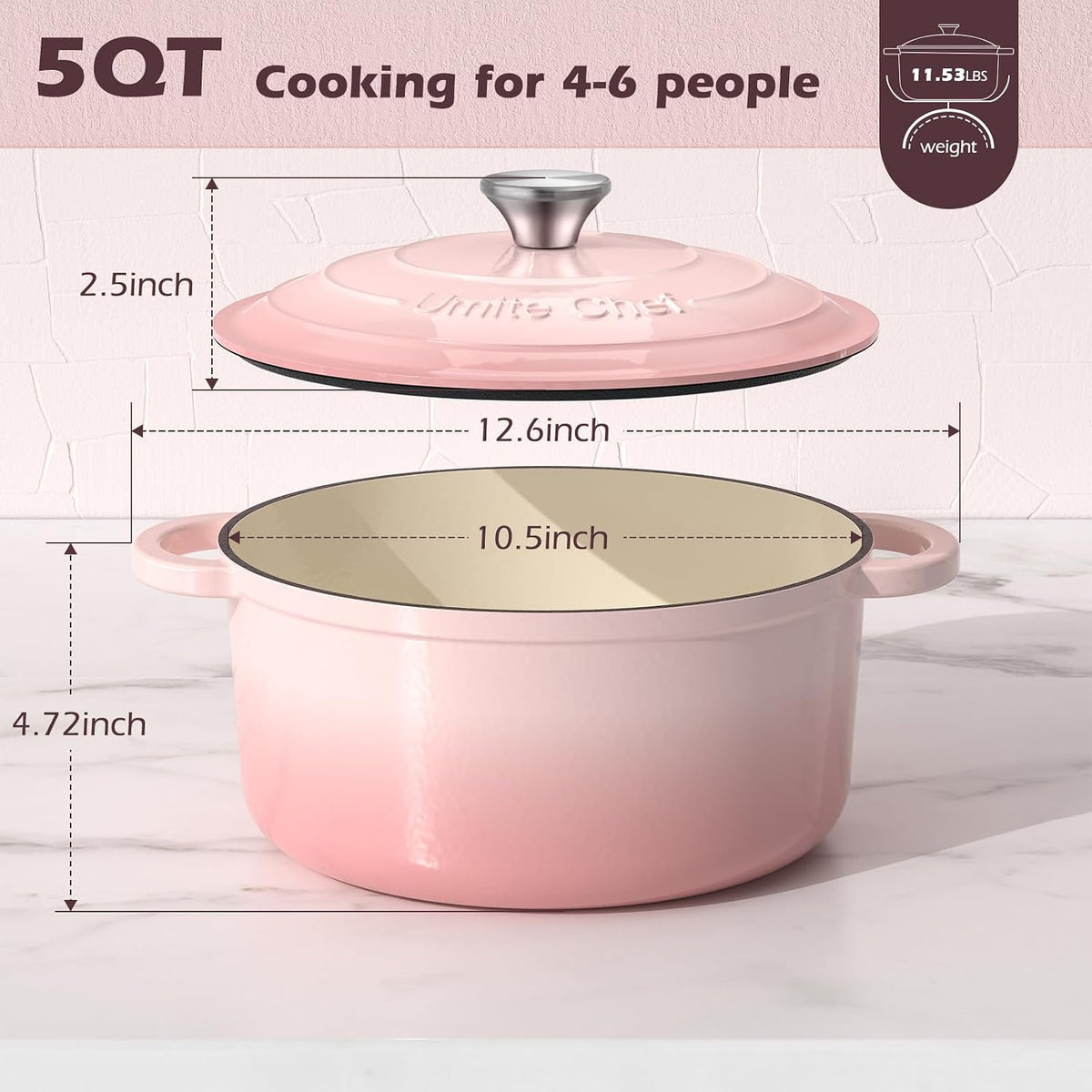 5QT Enameled Cast Iron Dutch Oven Pot with Lid, Heavy-Duty Cookware for Bread Baking, Braising, Stews, Roasting, Wedding Registry Ideas & Gifts (Pink)