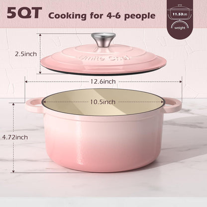 5QT Enameled Cast Iron Dutch Oven Pot with Lid, Heavy-Duty Cookware for Bread Baking, Braising, Stews, Roasting, Wedding Registry Ideas & Gifts (Pink)