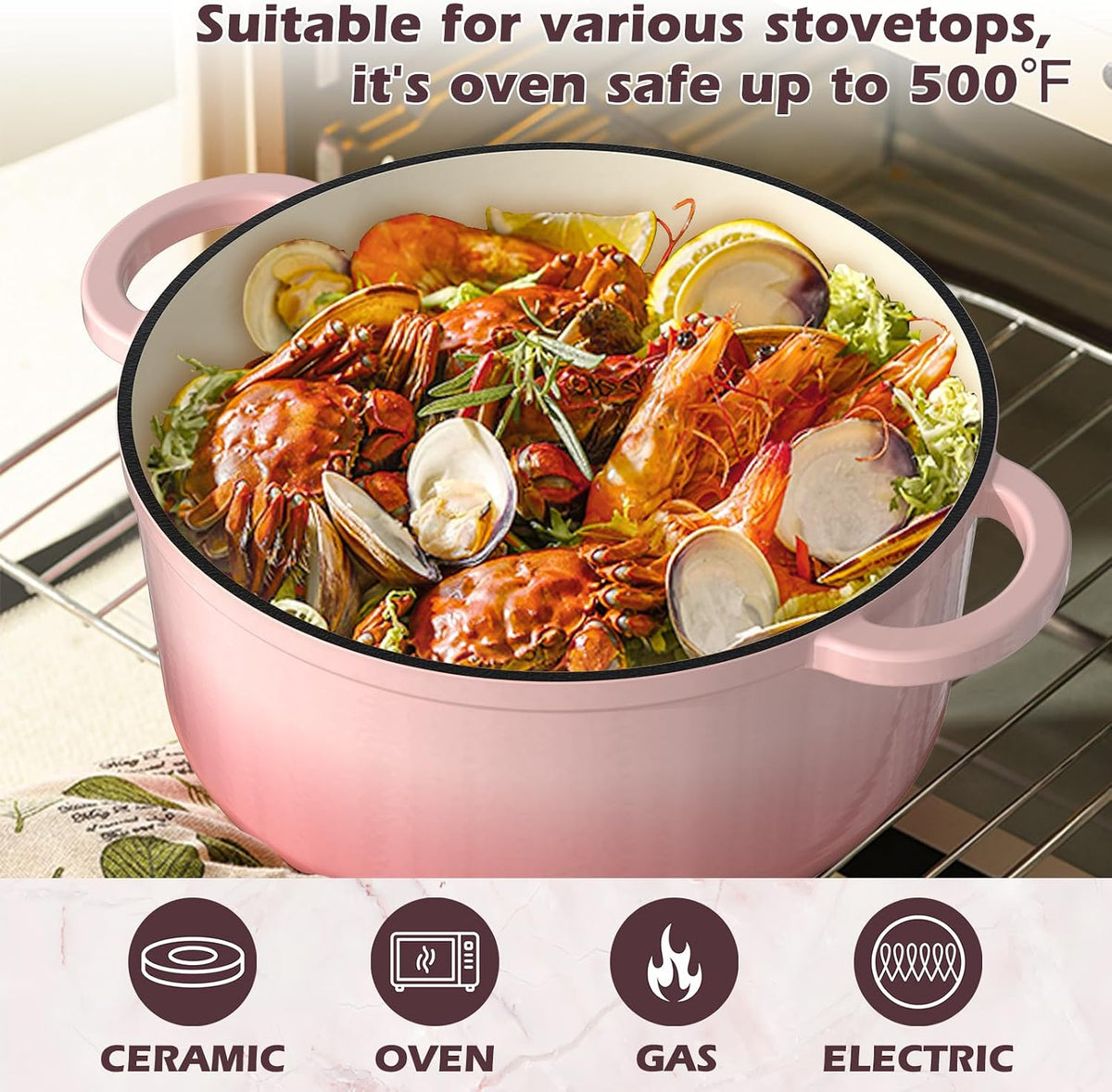 5QT Enameled Cast Iron Dutch Oven Pot with Lid, Heavy-Duty Cookware for Bread Baking, Braising, Stews, Roasting, Wedding Registry Ideas & Gifts (Pink)