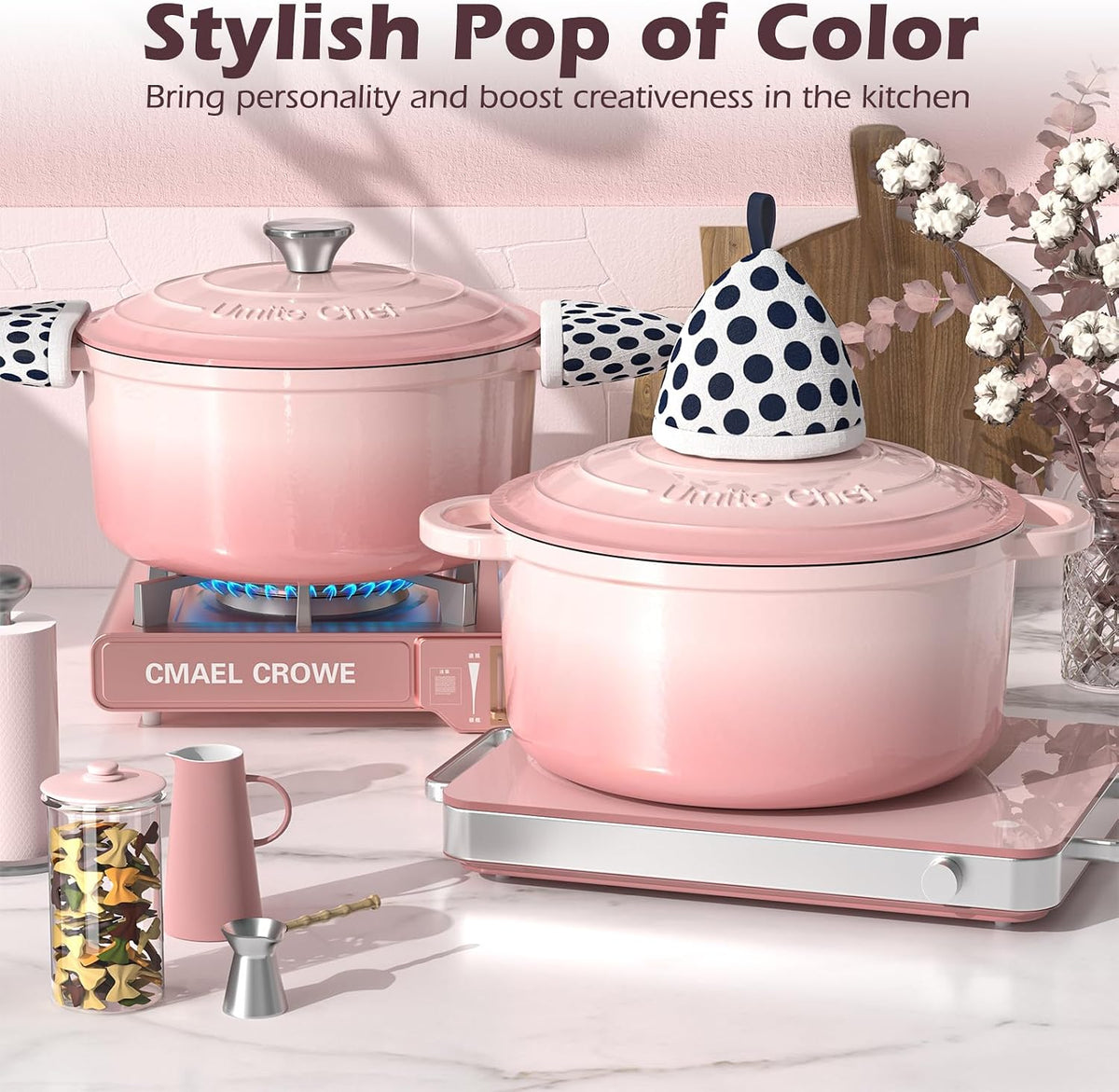 5QT Enameled Cast Iron Dutch Oven Pot with Lid, Heavy-Duty Cookware for Bread Baking, Braising, Stews, Roasting, Wedding Registry Ideas & Gifts (Pink)