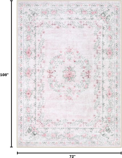 Floral Bow Rug for Girls Bedroom, Pink Area Rug 6x9 for Room Decor, Washable Ultra-Thin Non Slip Soft Boho Aesthetic Carpet for Baby Nursery Kids Room Living Room, Light Pink