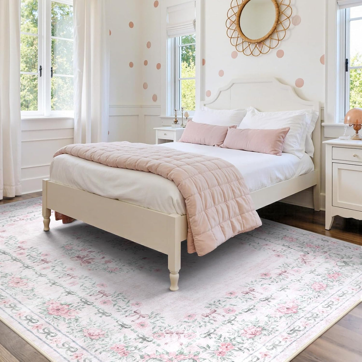 Floral Bow Rug for Girls Bedroom, Pink Area Rug 6x9 for Room Decor, Washable Ultra-Thin Non Slip Soft Boho Aesthetic Carpet for Baby Nursery Kids Room Living Room, Light Pink