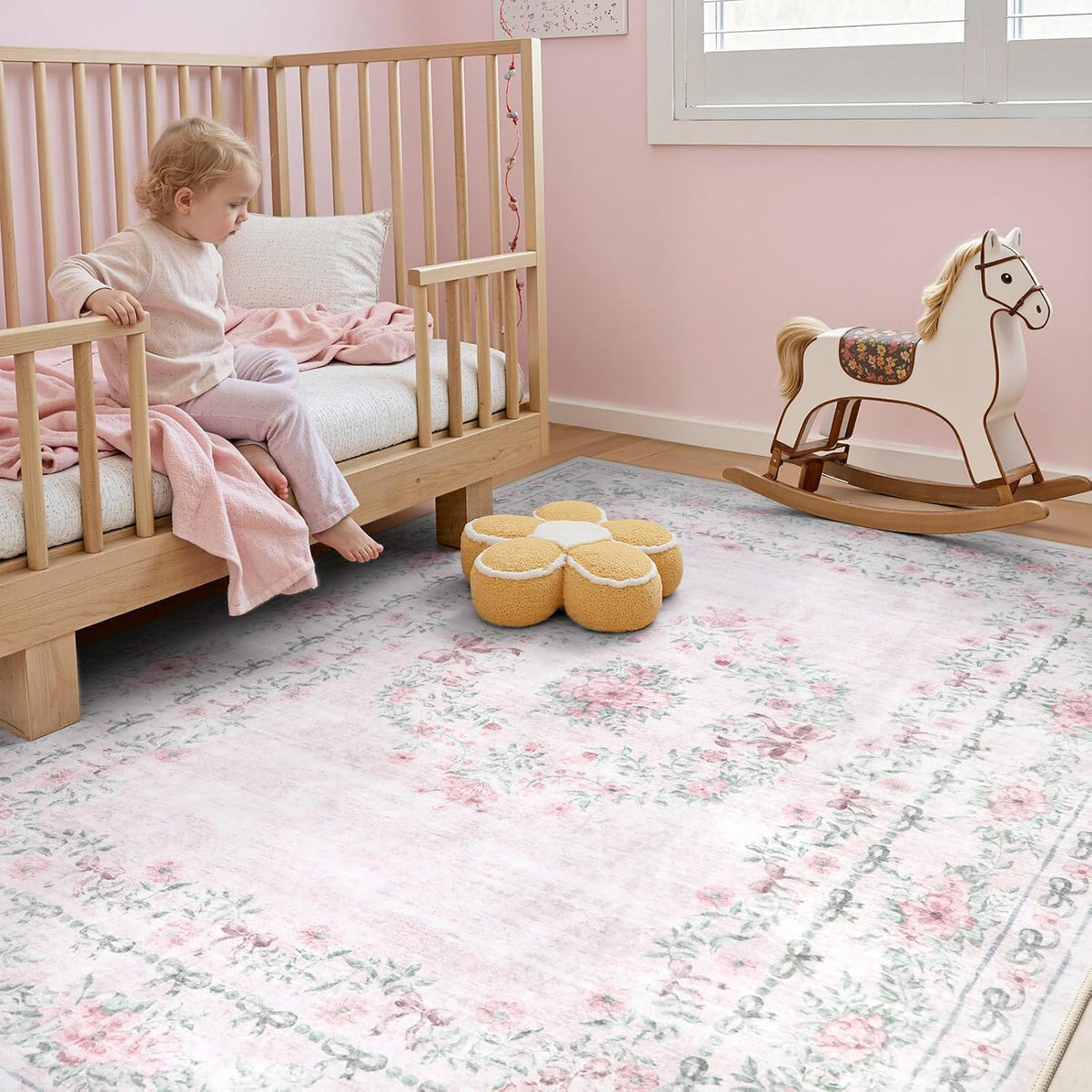 Floral Bow Rug for Girls Bedroom, Pink Area Rug 6x9 for Room Decor, Washable Ultra-Thin Non Slip Soft Boho Aesthetic Carpet for Baby Nursery Kids Room Living Room, Light Pink