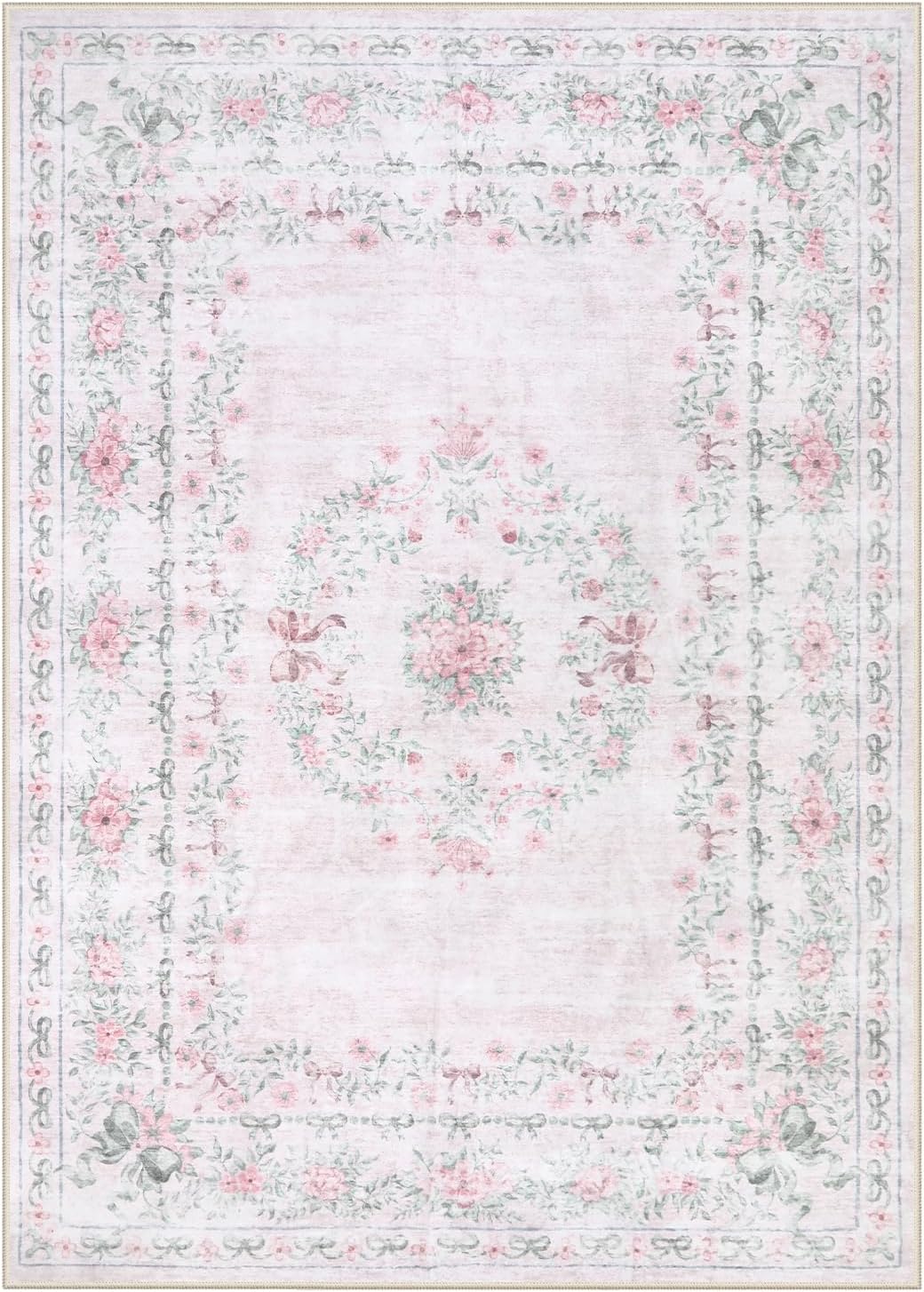 Floral Bow Rug for Girls Bedroom, Pink Area Rug 6x9 for Room Decor, Washable Ultra-Thin Non Slip Soft Boho Aesthetic Carpet for Baby Nursery Kids Room Living Room, Light Pink