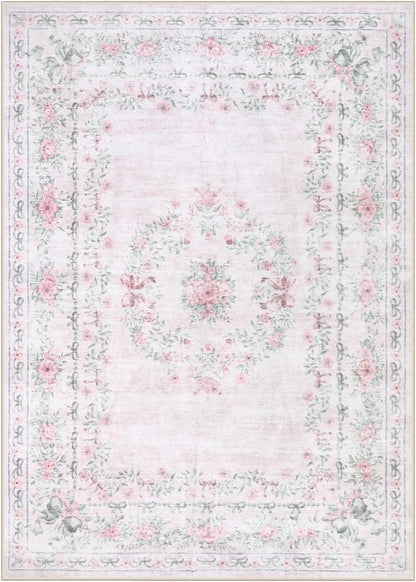 Floral Bow Rug for Girls Bedroom, Pink Area Rug 6x9 for Room Decor, Washable Ultra-Thin Non Slip Soft Boho Aesthetic Carpet for Baby Nursery Kids Room Living Room, Light Pink