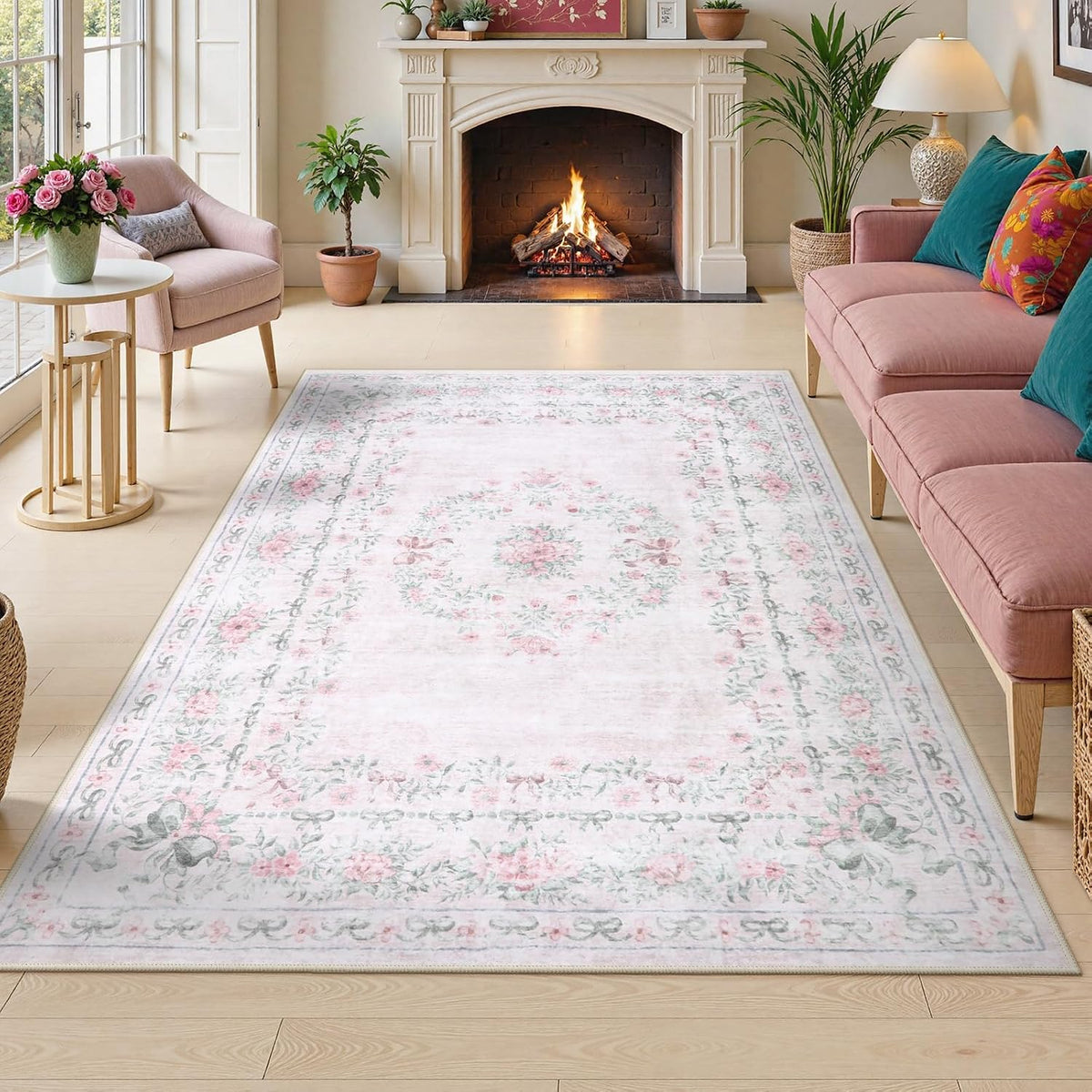 Floral Bow Rug for Girls Bedroom, Pink Area Rug 6x9 for Room Decor, Washable Ultra-Thin Non Slip Soft Boho Aesthetic Carpet for Baby Nursery Kids Room Living Room, Light Pink