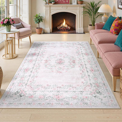 Floral Bow Rug for Girls Bedroom, Pink Area Rug 6x9 for Room Decor, Washable Ultra-Thin Non Slip Soft Boho Aesthetic Carpet for Baby Nursery Kids Room Living Room, Light Pink
