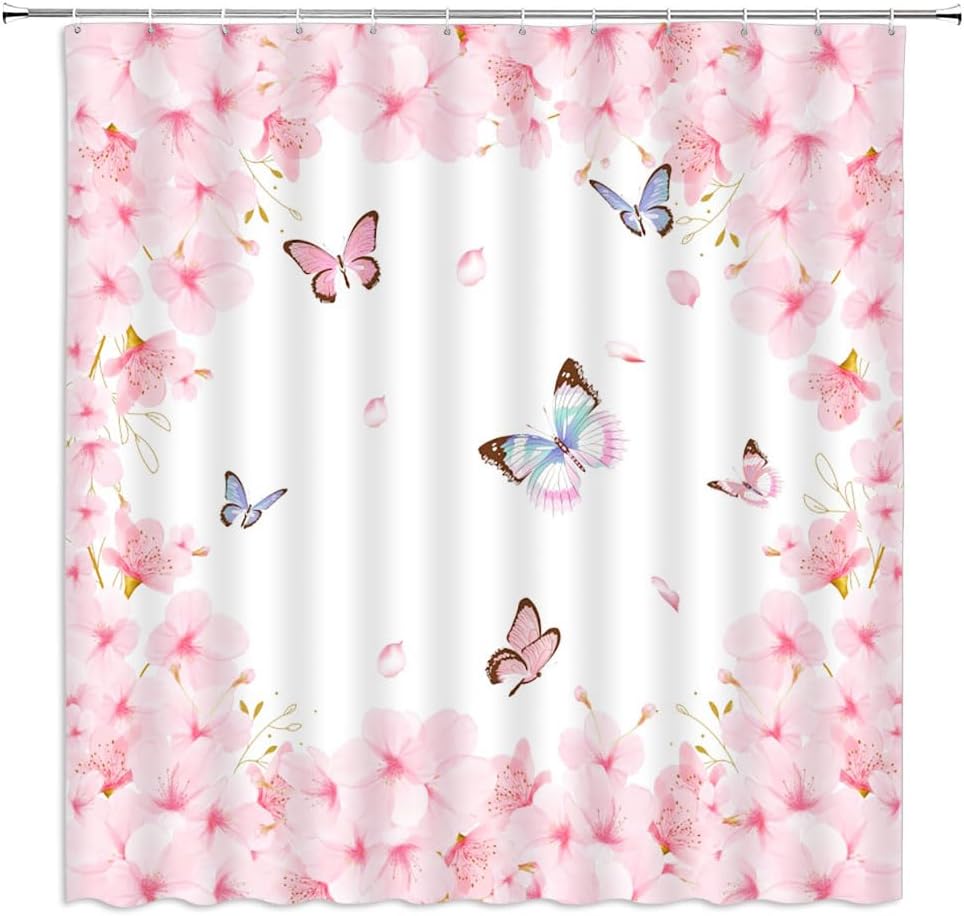 Spring Pink Floral Shower Curtain Cherry Blossoms Butterfly Asian Elegant Flower Valentine's Day Women Girl Charming Romantic Petal Bathroom Curtain Set Polyester Fabric Hooks 70 X 70 Inch