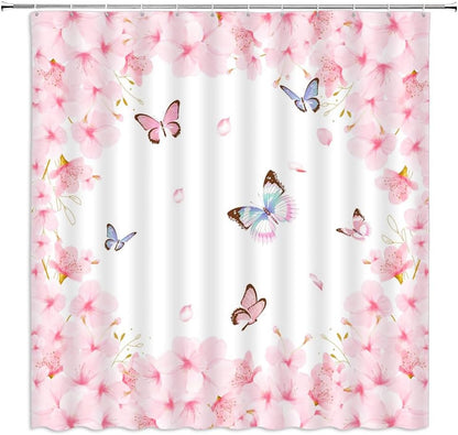 Spring Pink Floral Shower Curtain Cherry Blossoms Butterfly Asian Elegant Flower Valentine's Day Women Girl Charming Romantic Petal Bathroom Curtain Set Polyester Fabric Hooks 70 X 70 Inch