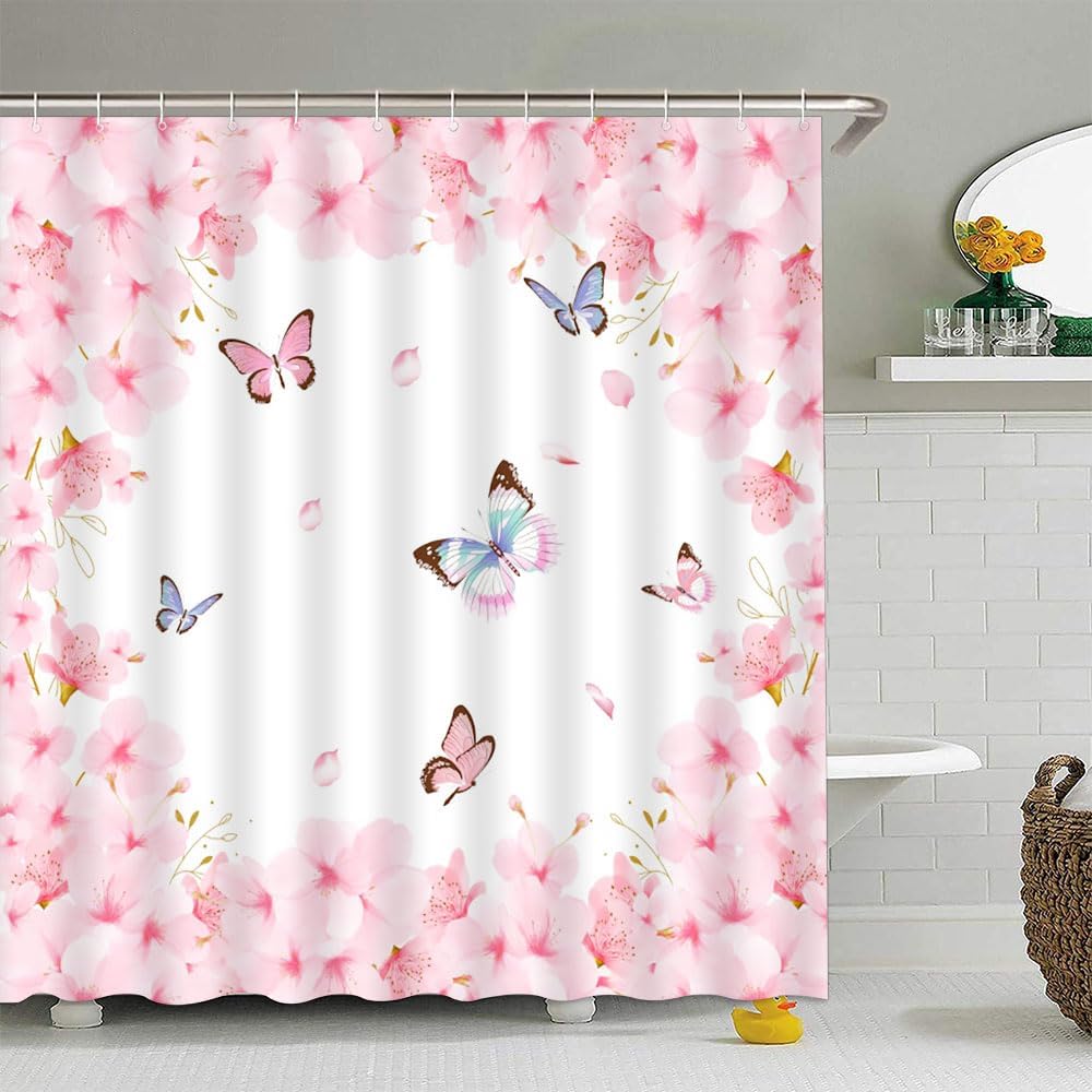 Spring Pink Floral Shower Curtain Cherry Blossoms Butterfly Asian Elegant Flower Valentine's Day Women Girl Charming Romantic Petal Bathroom Curtain Set Polyester Fabric Hooks 70 X 70 Inch