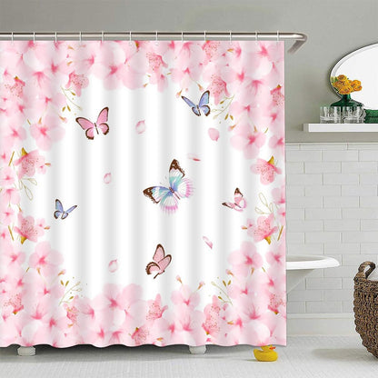 Spring Pink Floral Shower Curtain Cherry Blossoms Butterfly Asian Elegant Flower Valentine's Day Women Girl Charming Romantic Petal Bathroom Curtain Set Polyester Fabric Hooks 70 X 70 Inch