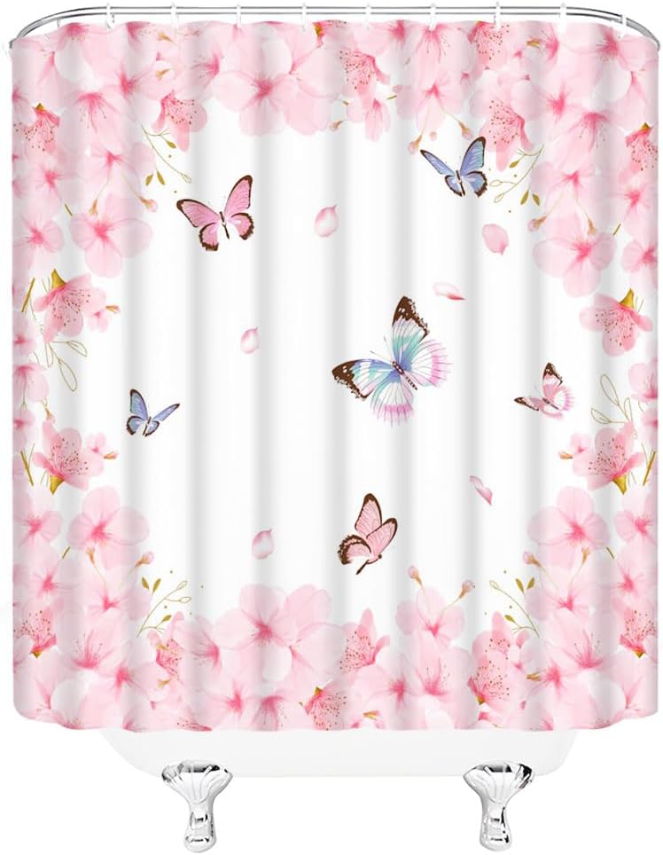 Spring Pink Floral Shower Curtain Cherry Blossoms Butterfly Asian Elegant Flower Valentine's Day Women Girl Charming Romantic Petal Bathroom Curtain Set Polyester Fabric Hooks 70 X 70 Inch