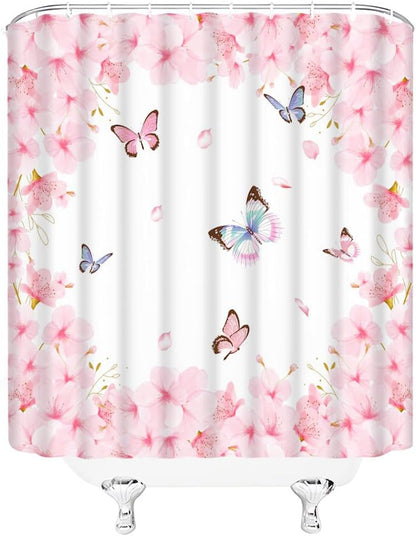 Spring Pink Floral Shower Curtain Cherry Blossoms Butterfly Asian Elegant Flower Valentine's Day Women Girl Charming Romantic Petal Bathroom Curtain Set Polyester Fabric Hooks 70 X 70 Inch