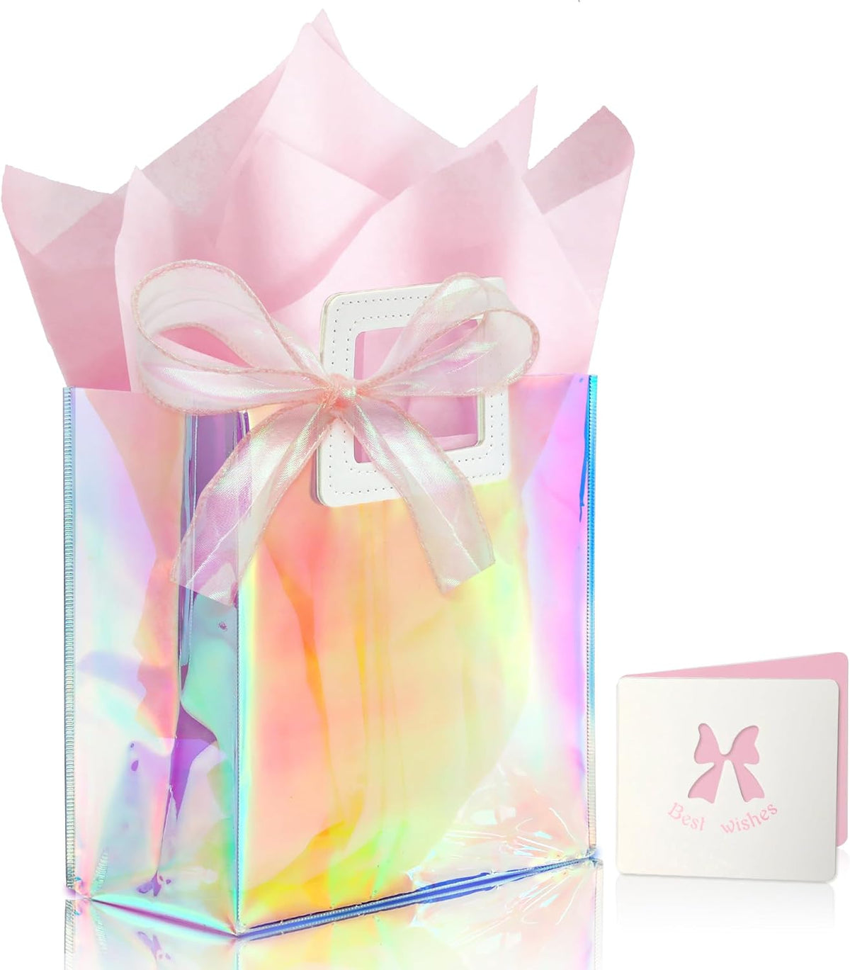 1 Pack Holographic Gift Bags with Handles & 2 Tissue Paper Sheets – Iridescent Transparent Reusable Bags for Women, Girls, Birthdays, Weddings，Pink Gift Bag