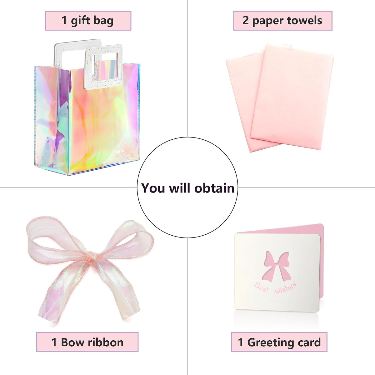1 Pack Holographic Gift Bags with Handles & 2 Tissue Paper Sheets – Iridescent Transparent Reusable Bags for Women, Girls, Birthdays, Weddings，Pink Gift Bag
