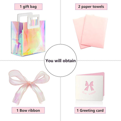 1 Pack Holographic Gift Bags with Handles & 2 Tissue Paper Sheets – Iridescent Transparent Reusable Bags for Women, Girls, Birthdays, Weddings，Pink Gift Bag