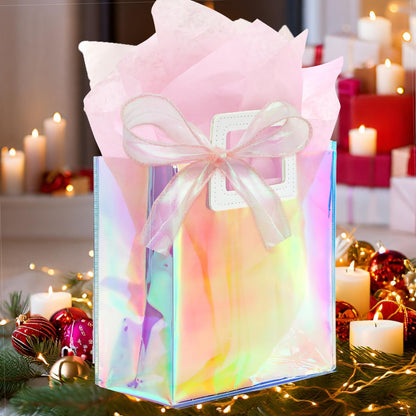 1 Pack Holographic Gift Bags with Handles & 2 Tissue Paper Sheets – Iridescent Transparent Reusable Bags for Women, Girls, Birthdays, Weddings，Pink Gift Bag