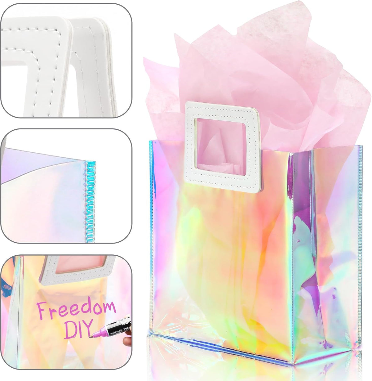 1 Pack Holographic Gift Bags with Handles & 2 Tissue Paper Sheets – Iridescent Transparent Reusable Bags for Women, Girls, Birthdays, Weddings，Pink Gift Bag