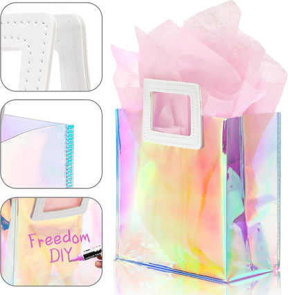 1 Pack Holographic Gift Bags with Handles & 2 Tissue Paper Sheets – Iridescent Transparent Reusable Bags for Women, Girls, Birthdays, Weddings，Pink Gift Bag