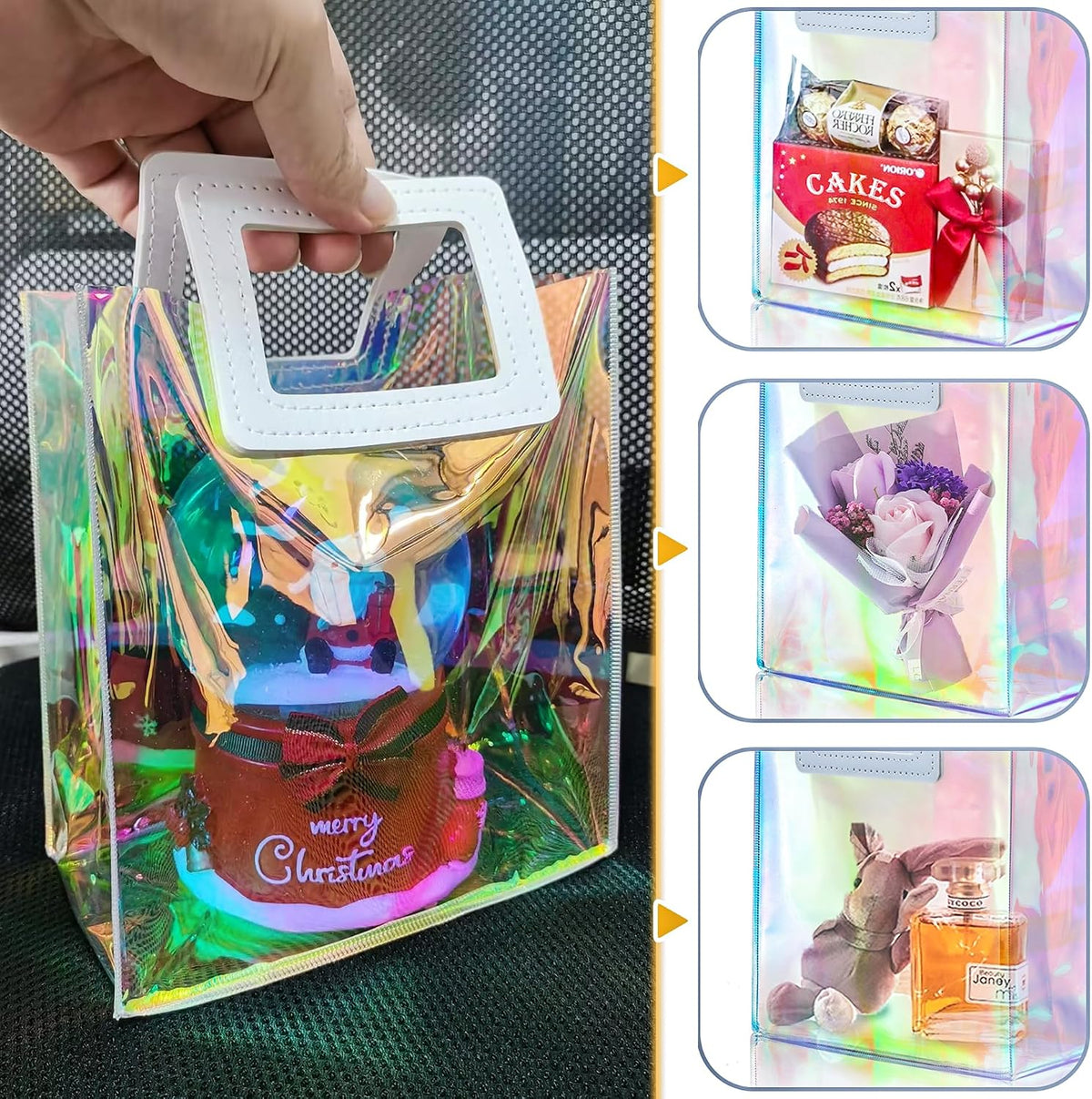 1 Pack Holographic Gift Bags with Handles & 2 Tissue Paper Sheets – Iridescent Transparent Reusable Bags for Women, Girls, Birthdays, Weddings，Pink Gift Bag