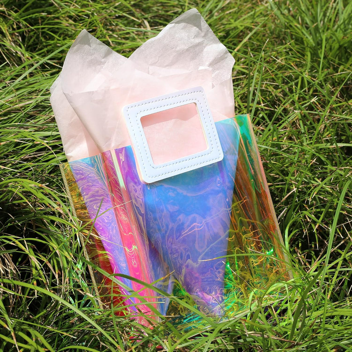 1 Pack Holographic Gift Bags with Handles & 2 Tissue Paper Sheets – Iridescent Transparent Reusable Bags for Women, Girls, Birthdays, Weddings，Pink Gift Bag