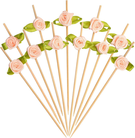 Pink Rose Flower Bamboo Cocktail Picks, Decorative Toothpicks