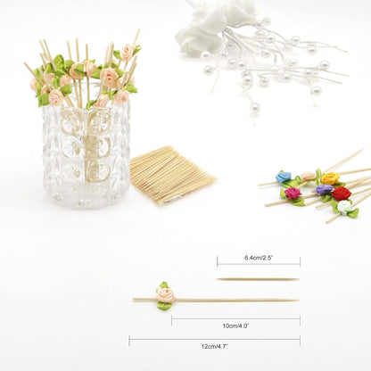 Pink Rose Flower Bamboo Cocktail Picks, Decorative Toothpicks