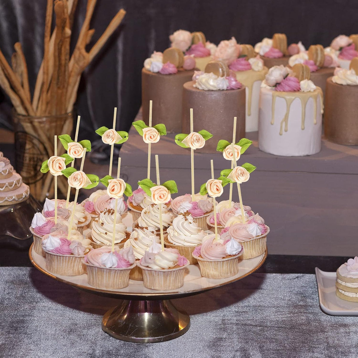 Pink Rose Flower Bamboo Cocktail Picks, Decorative Toothpicks