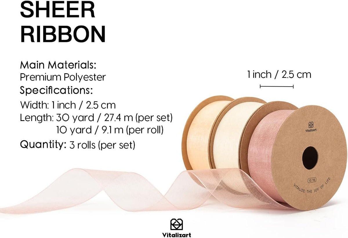 Cream & Rose Gold Organza Sheer Ribbon 1 inch x 30Yd Pink Ribbon Handmade Fabric Ribbons for Gift Wrapping Christmas Tree Crafts Bows Wedding Invitations Wreaths Wrap Peach