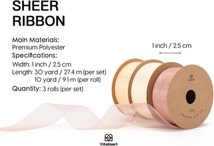 Cream & Rose Gold Organza Sheer Ribbon 1 inch x 30Yd Pink Ribbon Handmade Fabric Ribbons for Gift Wrapping Christmas Tree Crafts Bows Wedding Invitations Wreaths Wrap Peach