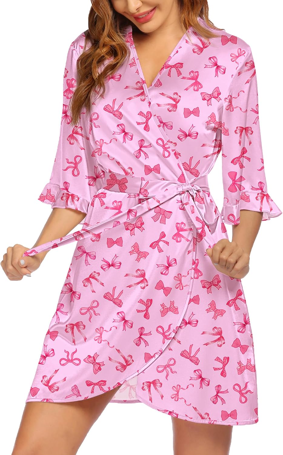 Women's Satin Robe Kimono Bathrobe Short Ruffle Sleeve Silk Robes