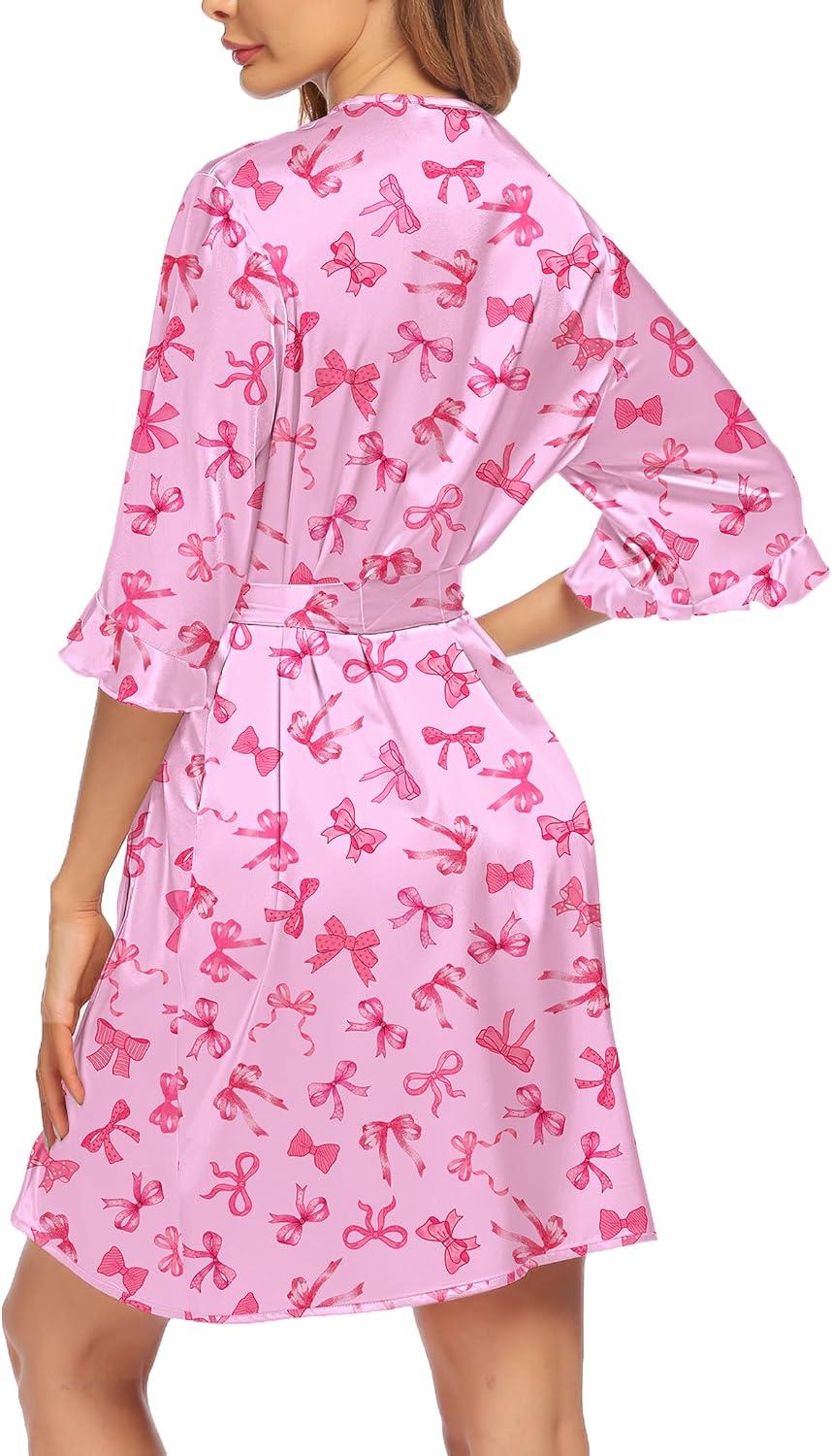 Women's Satin Robe Kimono Bathrobe Short Ruffle Sleeve Silk Robes
