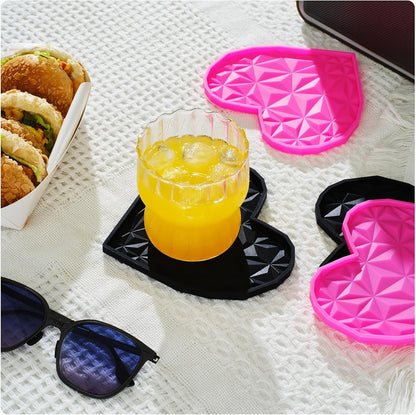 Silicone Drink Coasters Set – 4.7" Heart-Shaped, Colorful Non-Slip Coasters for Drinks, Coffee Table, Outdoor Use